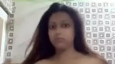 Sexy booby Bengali girl standing topless in bathroom
